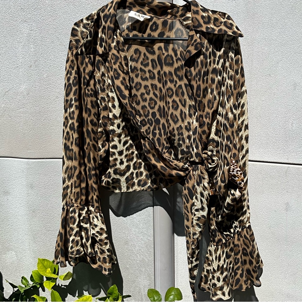 Vintage Neutral Leopard Print Long Sleeve Blouse WOmens Sz S Made in USA